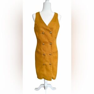 Sàke Vintage Mustard Yellow Linen Dress Sz 8 Lined Double-Breasted Sleeveless